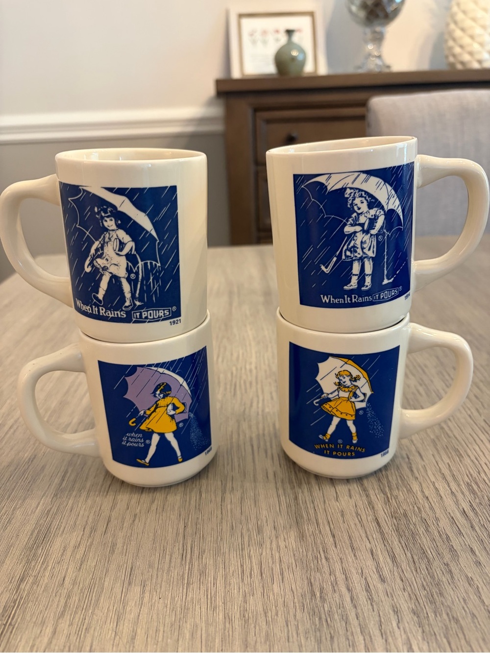 Vintage Morton Salt Coffee / Tea Mugs Lot Of 4 1914, 1921, 1956, and 1968